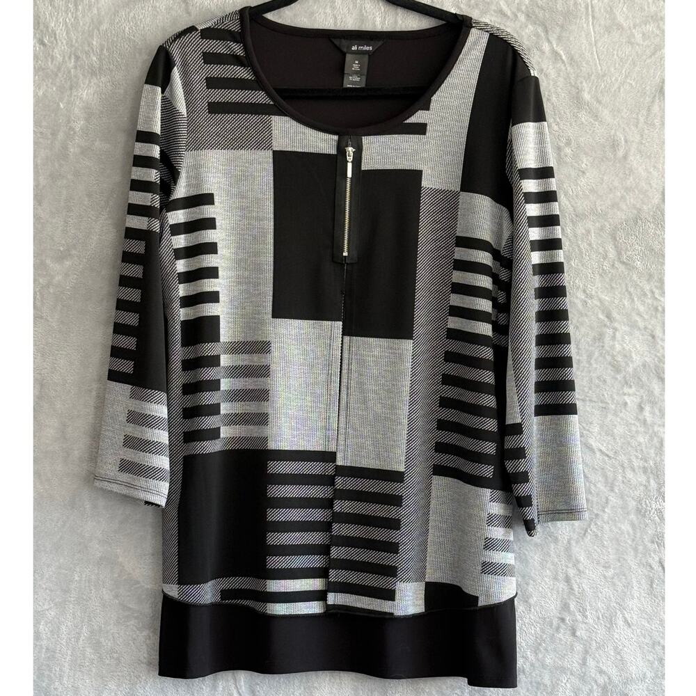 Ali Miles Geometric Tunic Top Layered Hem Zip Art Lagenlook 3/4 Sleeve Women's M